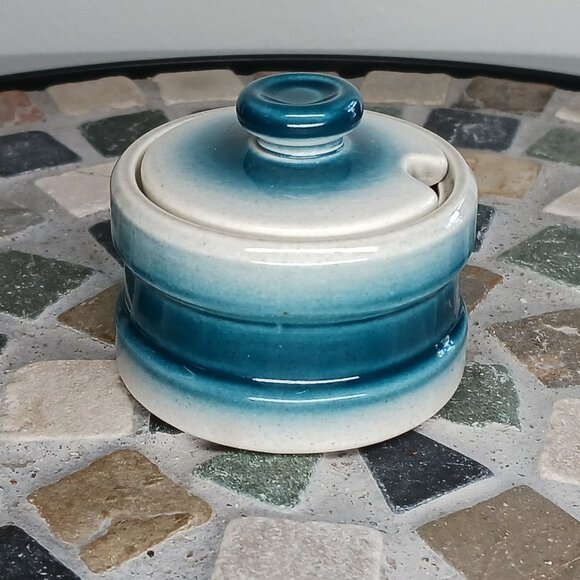 Wedgwood Blue Pacific Mustard Condiment Jar With Lid 2 Ounce Oven To Table - Picture 1 of 8